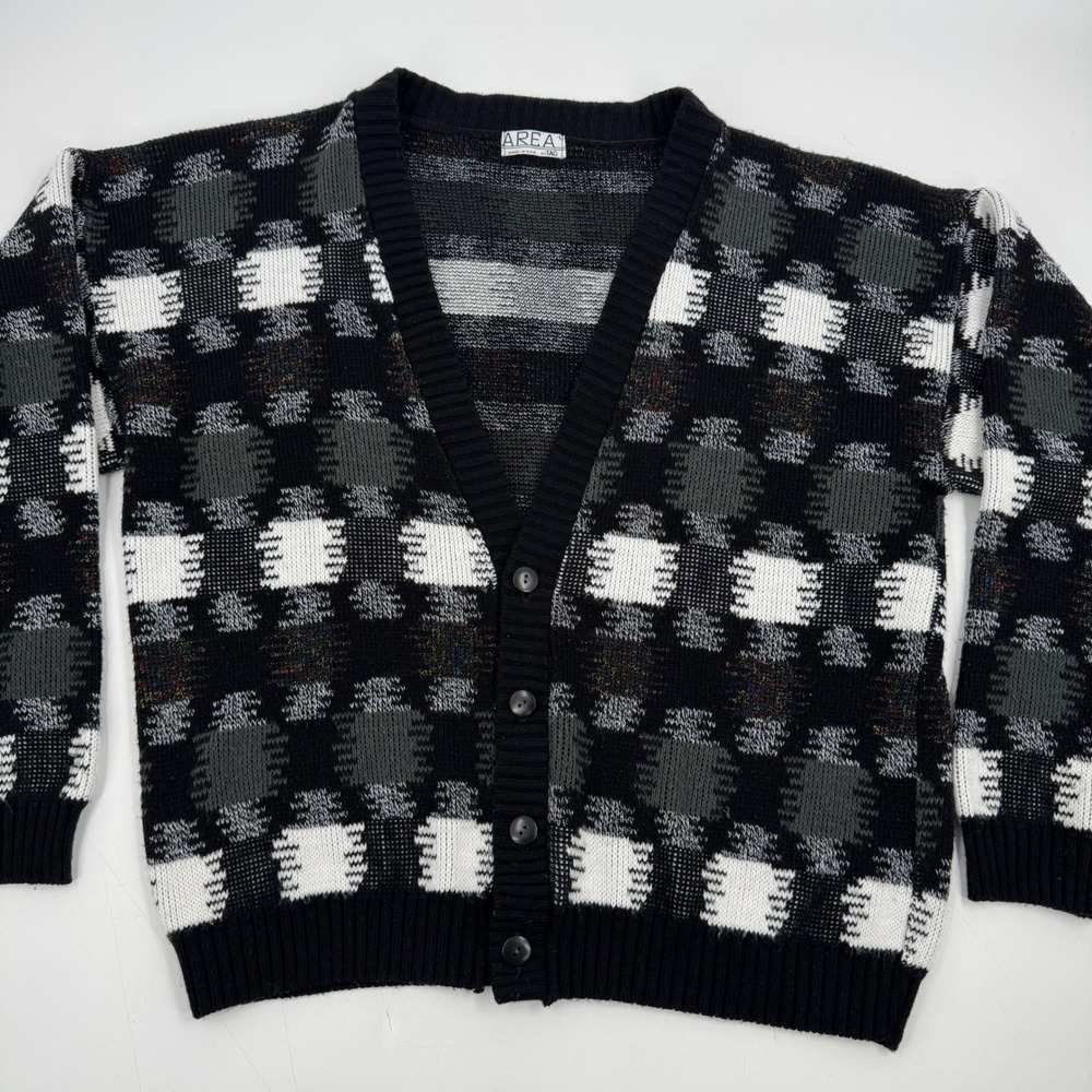 Vintage AREA Black White Gray Plaid Button V Neck Cardigan Sweater Men's Large